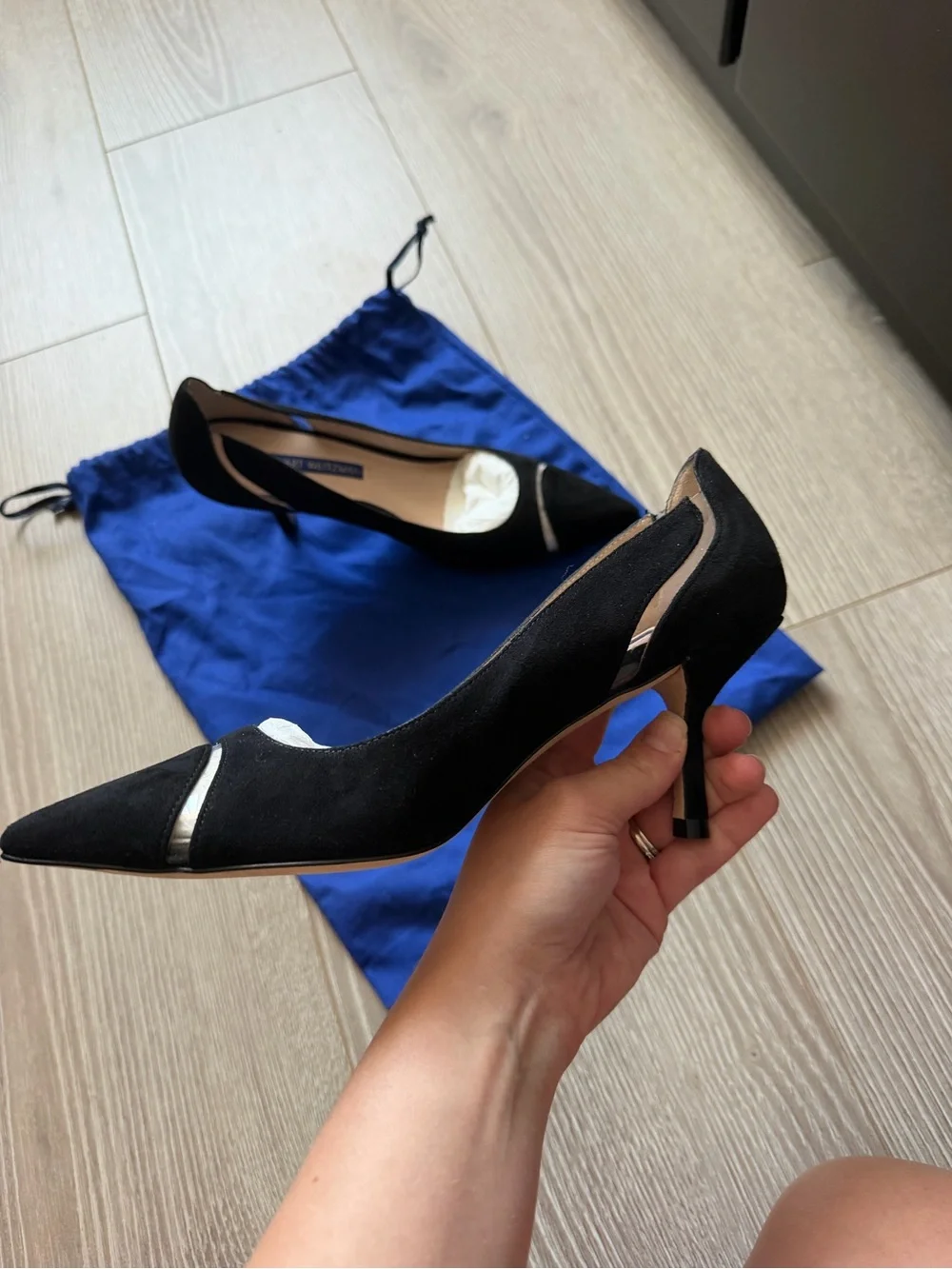 Stuart Weitzman Davia 74 Pumps Black Suede and PVC sleek professional elegant